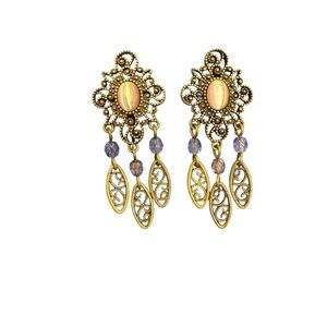 Avon Amethyst Gold and Purple/pink Dangle clip filigree Earrings NIB 2001